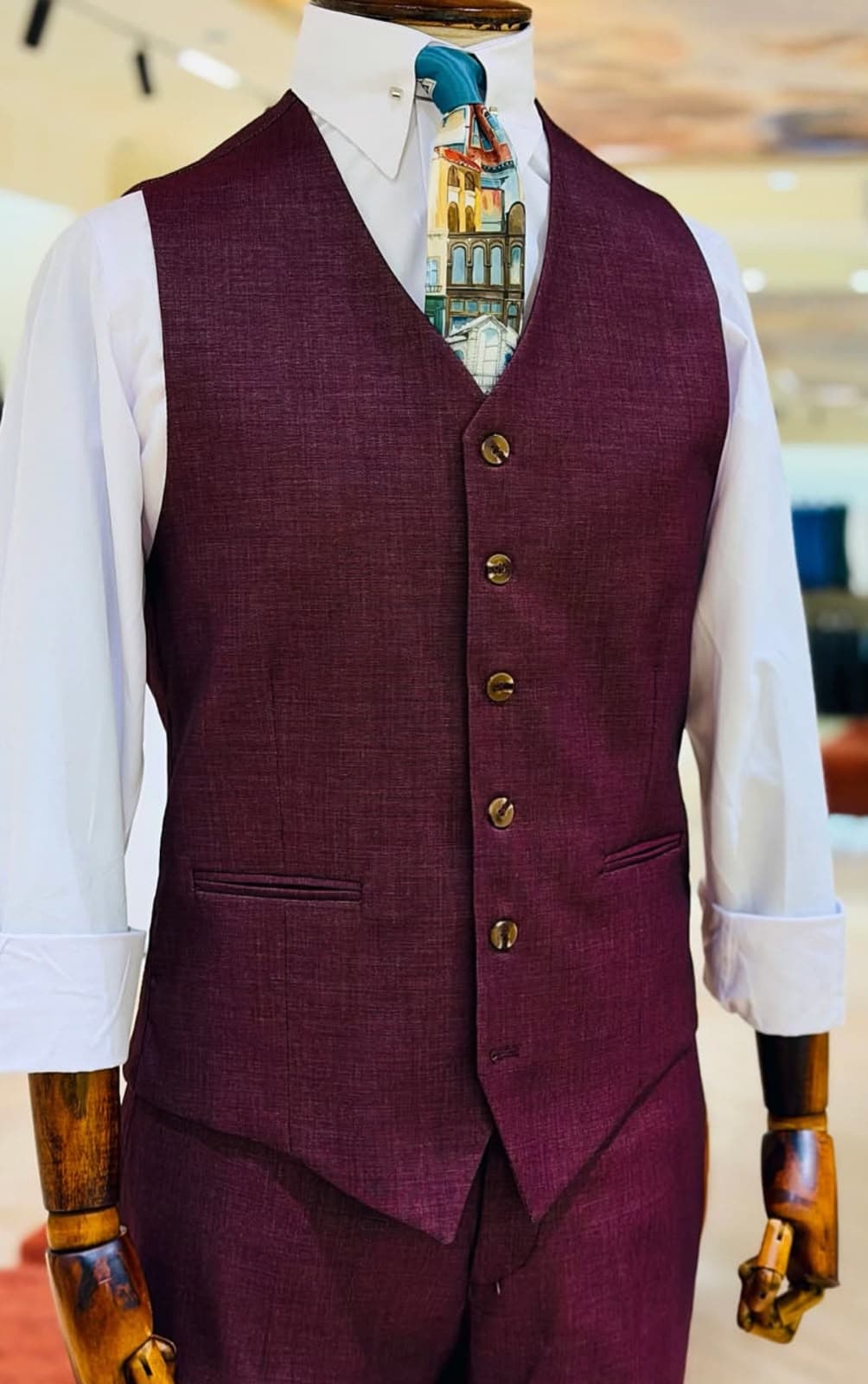 Burgundy Dulo three-piece look